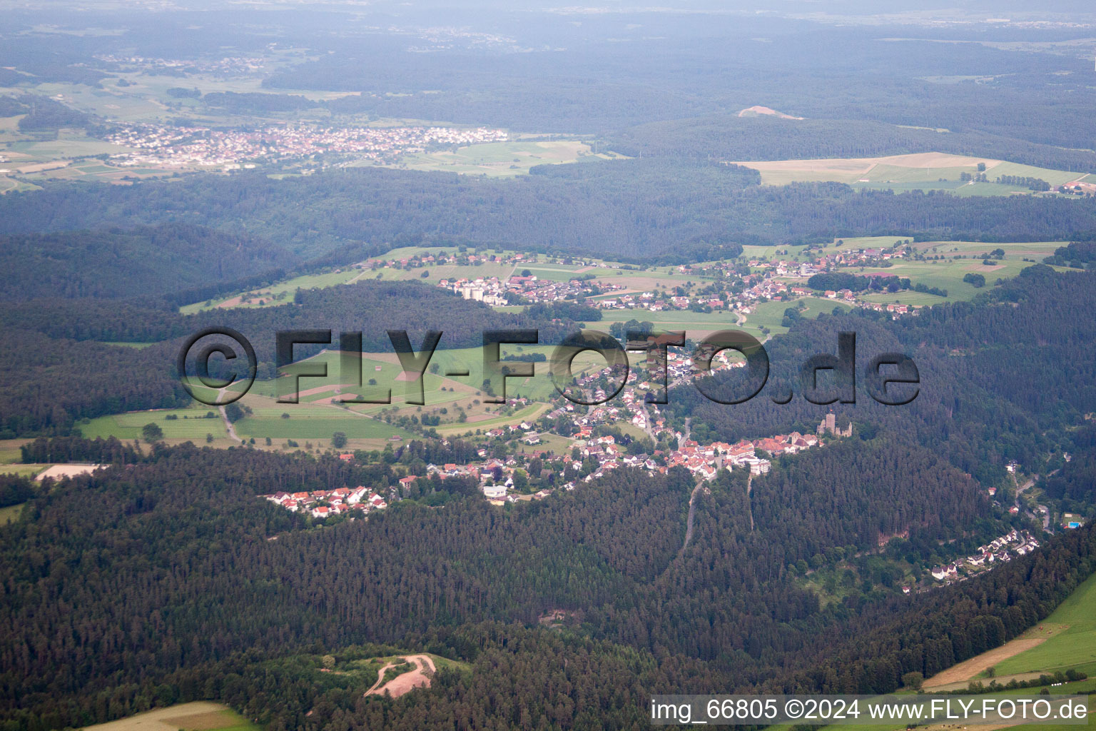 Aerial view of Bad Teinach-Zavelstein in Zavelstein in the state Baden-Wuerttemberg, Germany