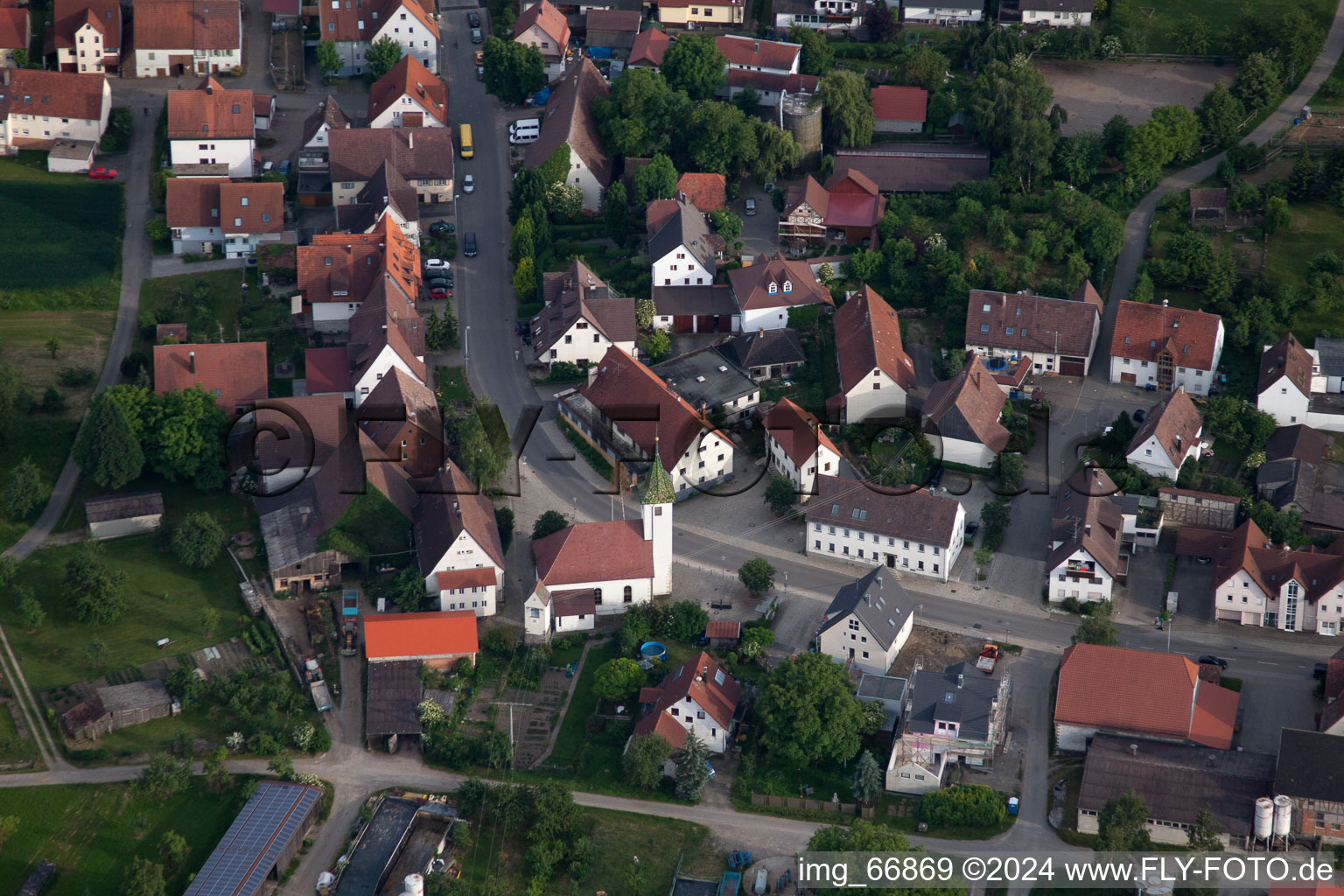 Aerial view of St. James Church in the district Haslach in Herrenberg in the state Baden-Wuerttemberg, Germany