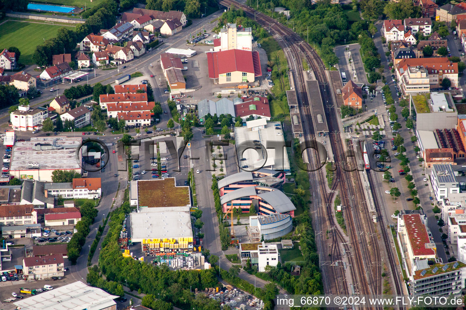 Station building and track systems of the S-Bahn station Herrenberg with UDG Herrenberg GmbH in Herrenberg in the state Baden-Wurttemberg, Germany