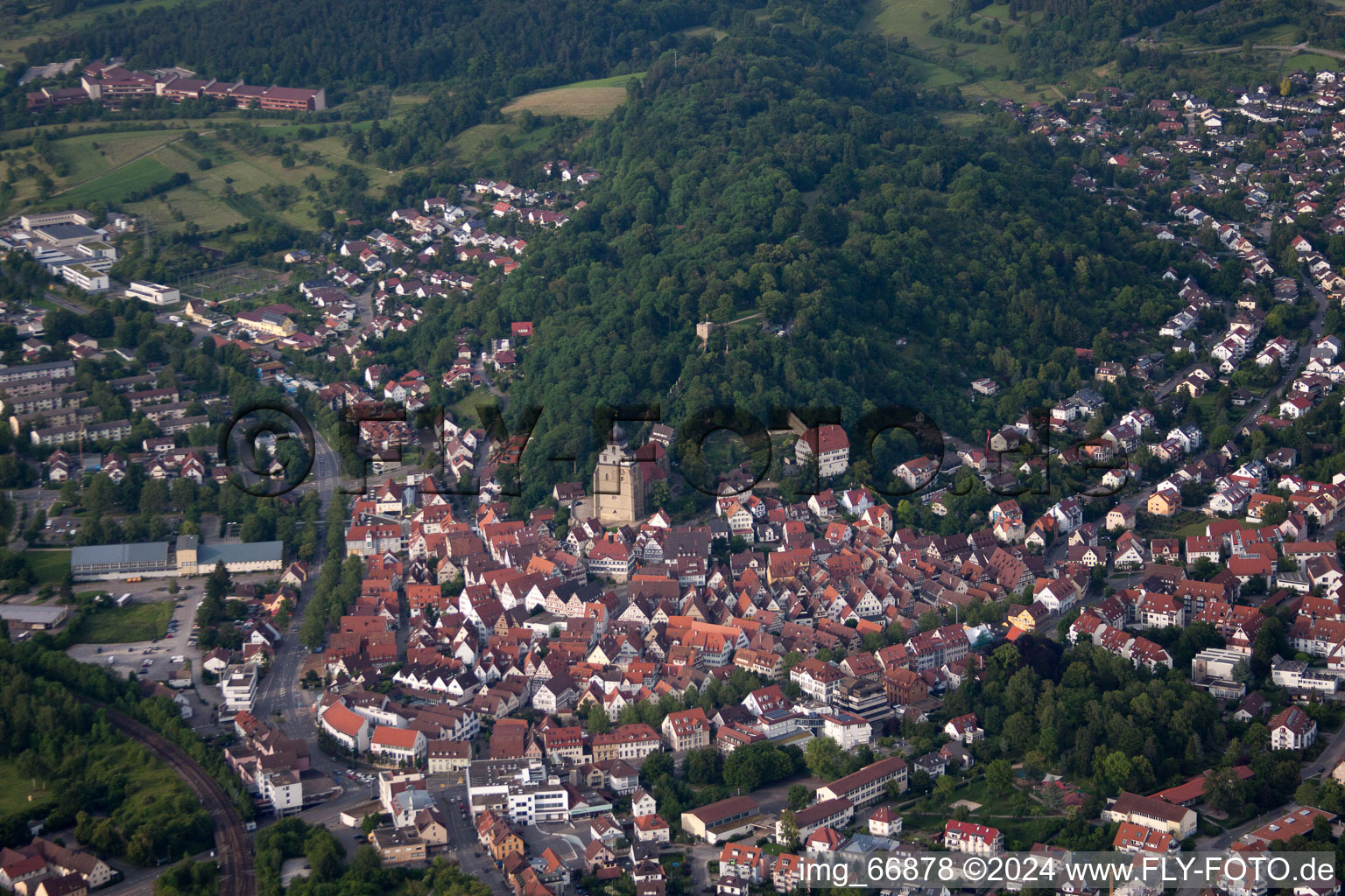 Aerial view of Historic old town with collegiate church in Herrenberg in the state Baden-Wuerttemberg, Germany