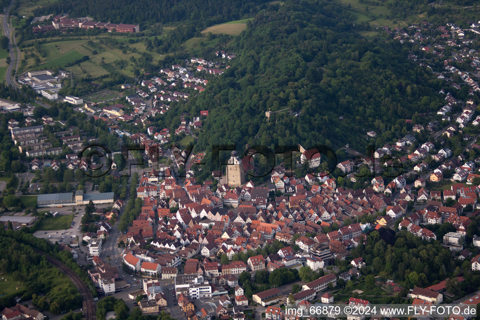 Aerial photograpy of Historic old town with collegiate church in Herrenberg in the state Baden-Wuerttemberg, Germany