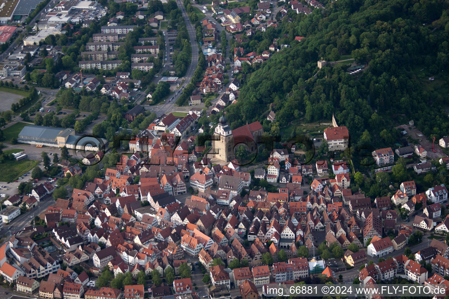 Oblique view of Historic old town with collegiate church in Herrenberg in the state Baden-Wuerttemberg, Germany