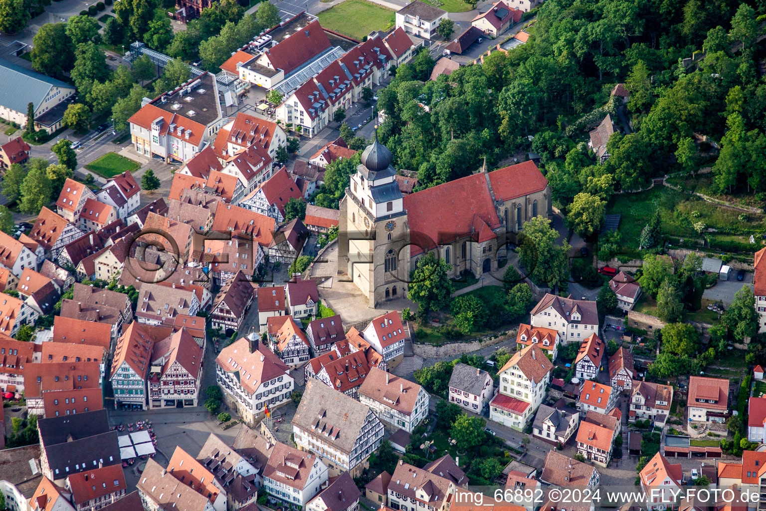 Aerial view of Church building in of Stiftskirche Old Town- center of downtown in Herrenberg in the state Baden-Wurttemberg, Germany