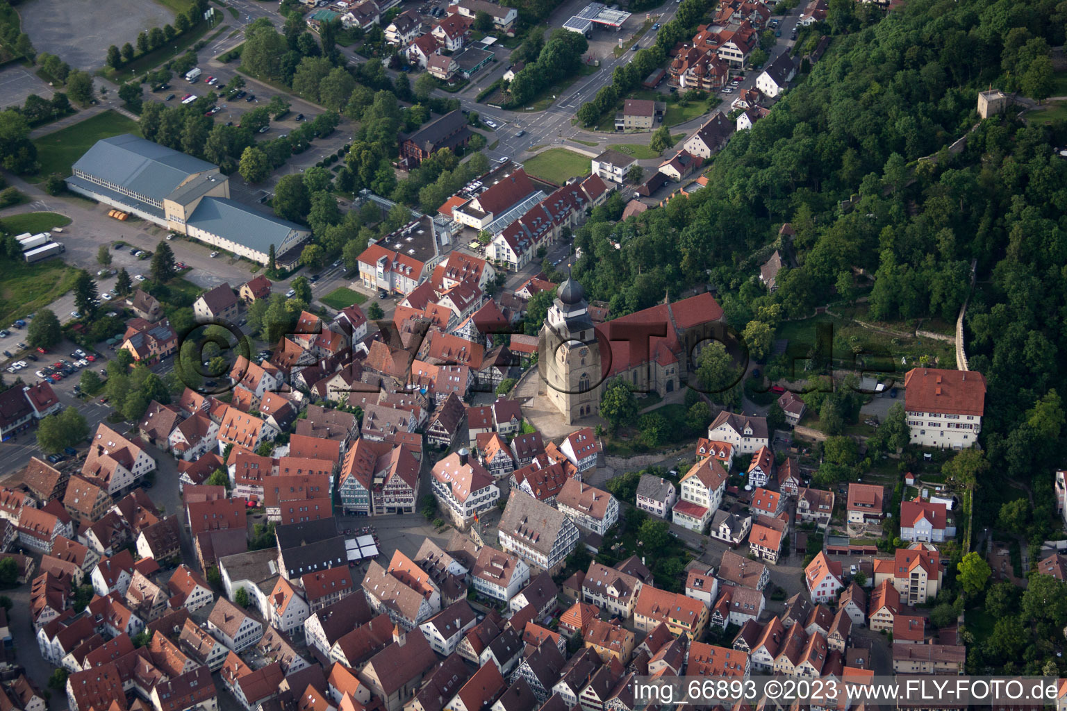 Market square and collegiate church in Herrenberg in the state Baden-Wuerttemberg, Germany
