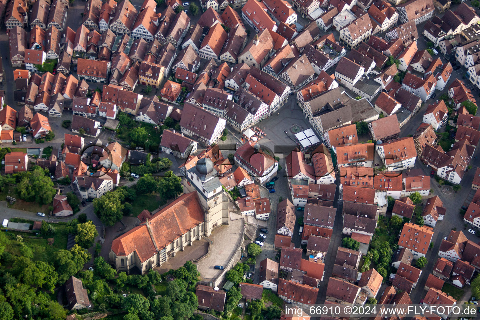 Aerial view of Church building in Stiftskirche Old Town- center of downtown in Herrenberg in the state Baden-Wurttemberg