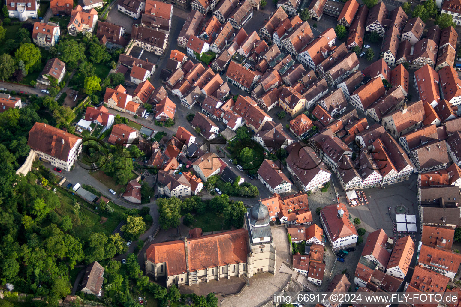 Aerial view of Church building protestant church at the market in Herrenberg in the state Baden-Wurttemberg