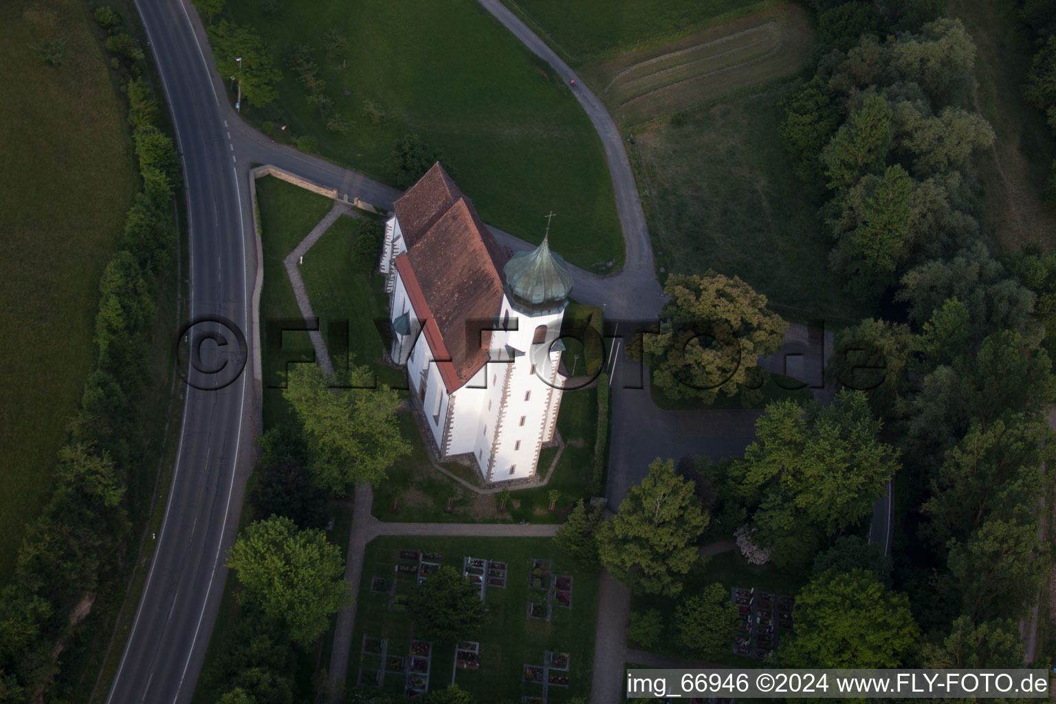 Churches building the chapel of Poltringen in Ammerbuch in the state Baden-Wurttemberg from above