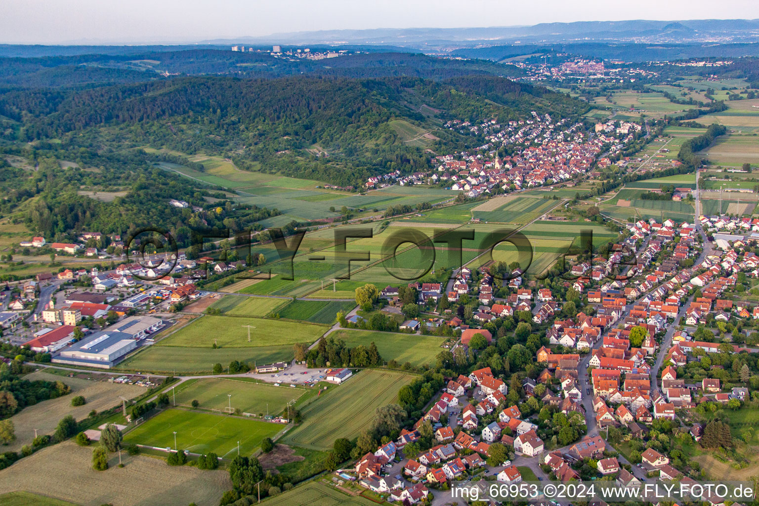 From the west in the district Pfäffingen in Ammerbuch in the state Baden-Wuerttemberg, Germany