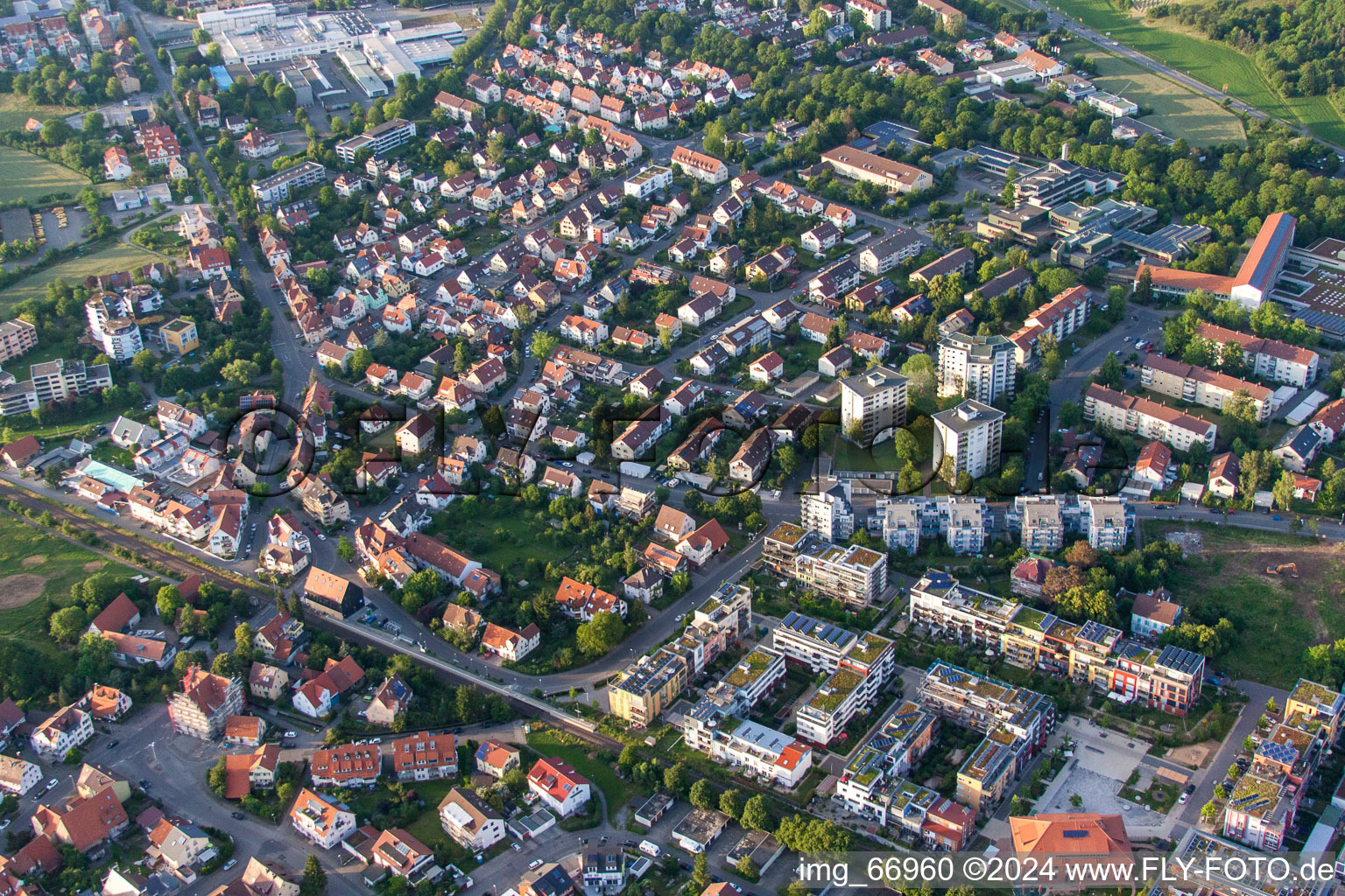 Aerial view of District Derendingen in Tübingen in the state Baden-Wuerttemberg, Germany