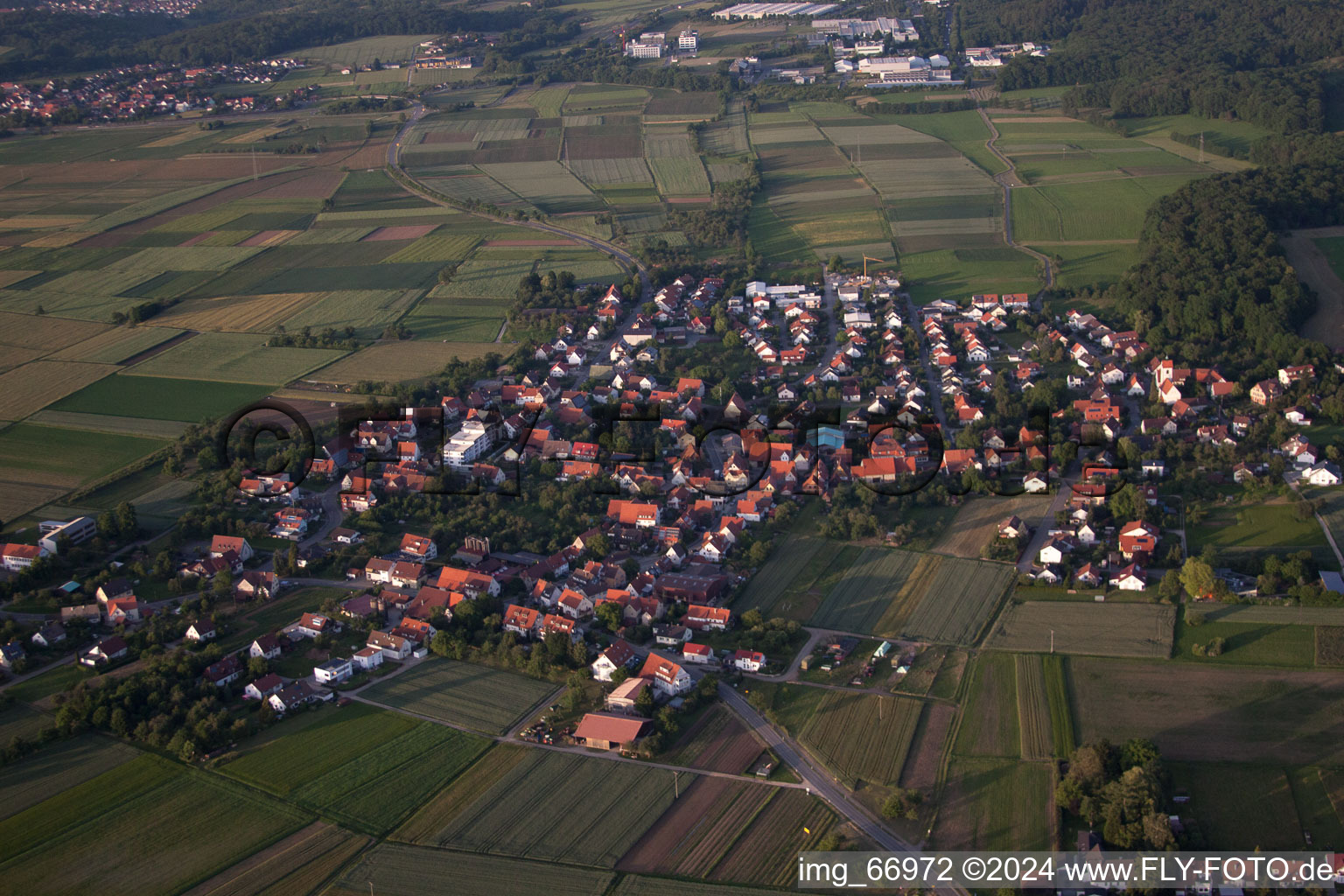 Village - view on the edge of agricultural fields and farmland in Kusterdingen in the state Baden-Wurttemberg, Germany