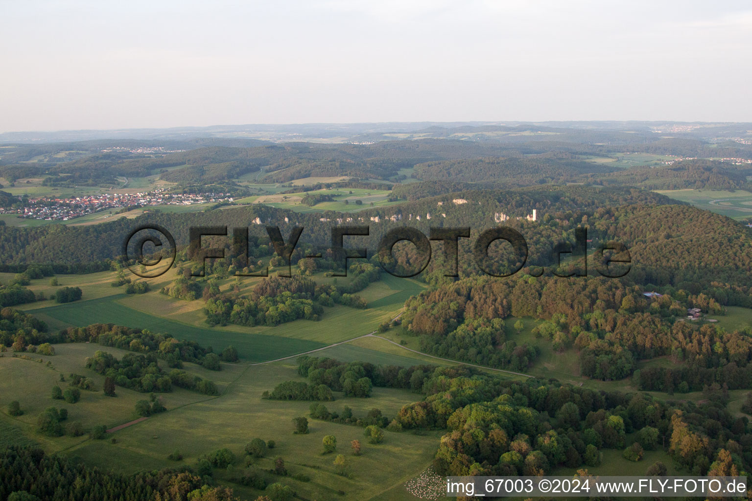 Aerial view of Castle Lichtenstein in the district Honau in Lichtenstein in the state Baden-Wuerttemberg, Germany