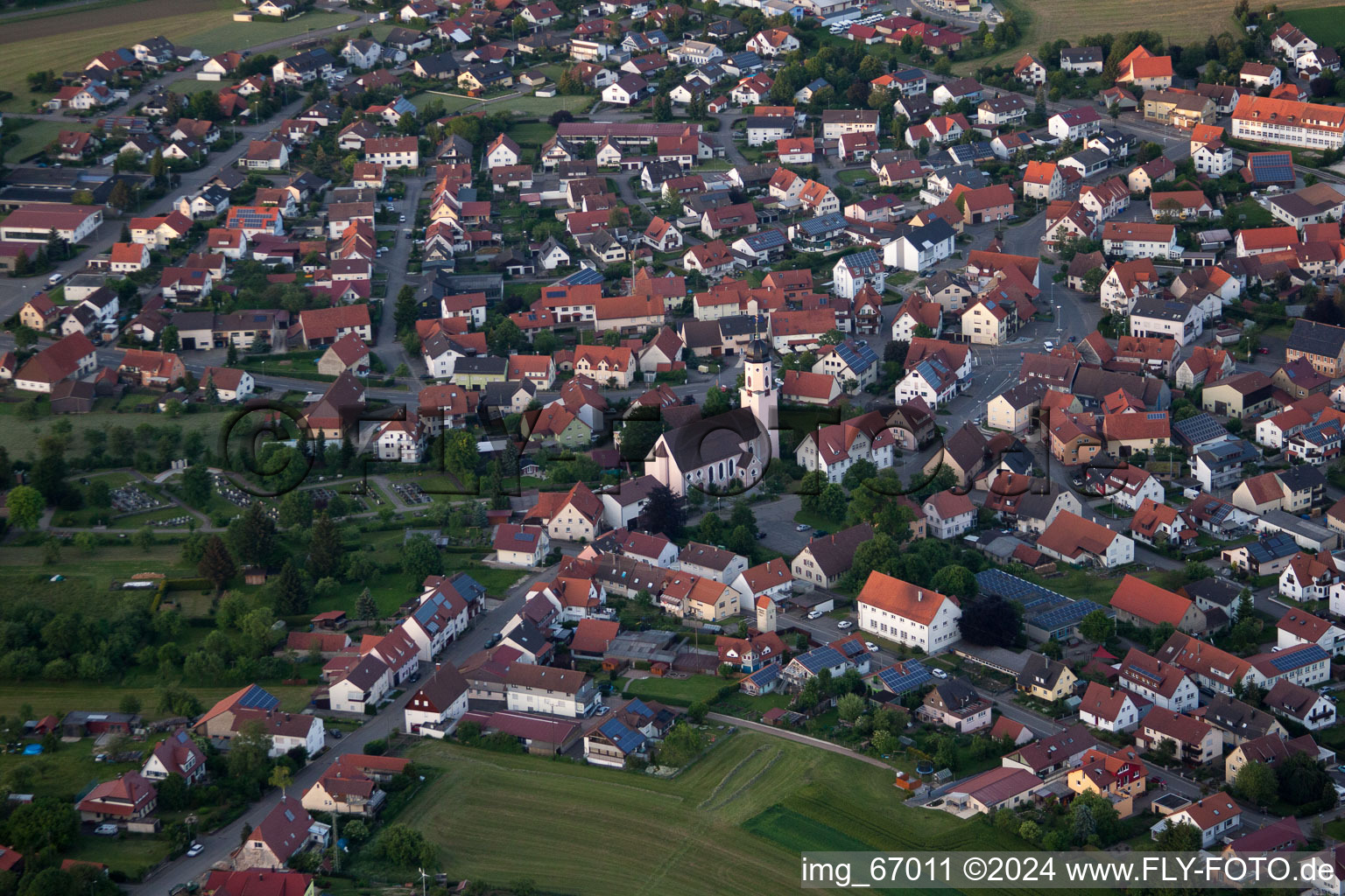 Aerial view of Town View of the streets and houses of the residential areas in the district Grossengstingen in Engstingen in the state Baden-Wurttemberg