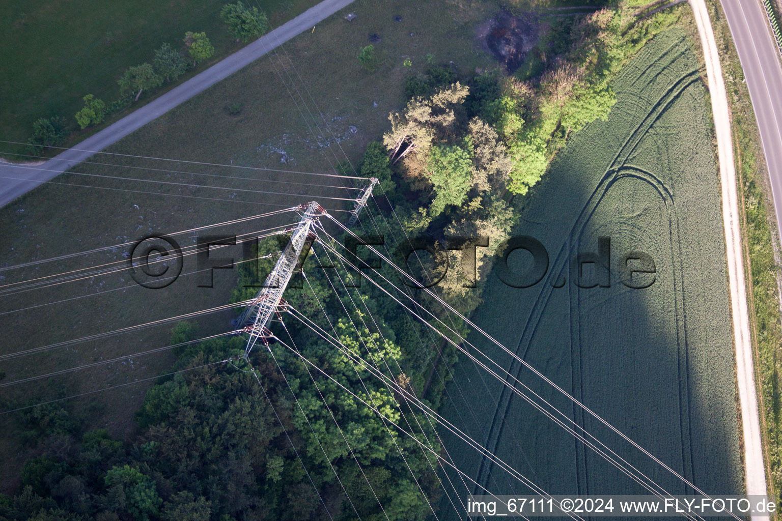 Aerial view of Tangle of high-voltage lines in the district Schmiechen in Schelklingen in the state Baden-Wuerttemberg, Germany