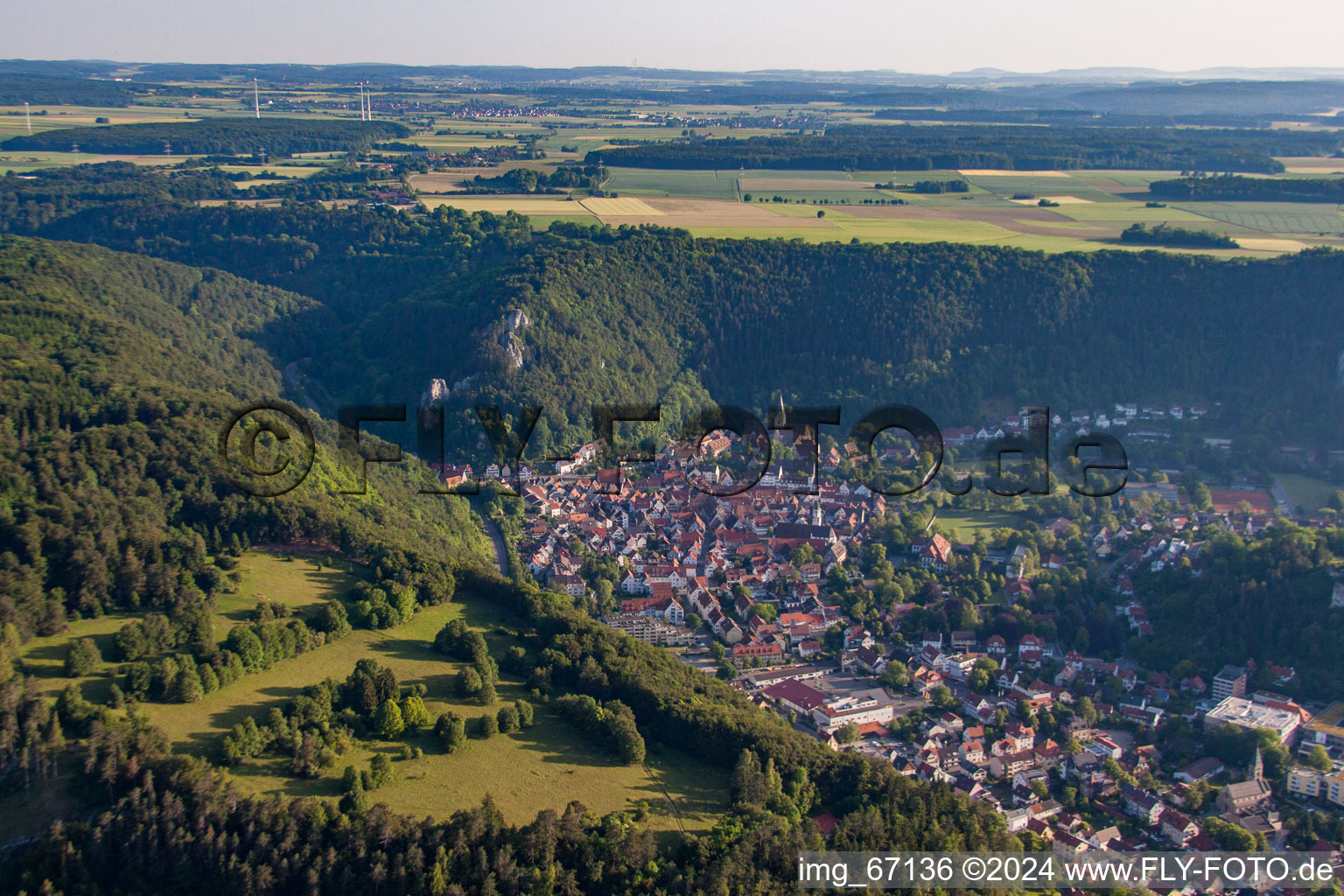 Aerial view of Town View of the streets and houses of the residential areas in the district Gerhausen in Blaubeuren in the state Baden-Wurttemberg