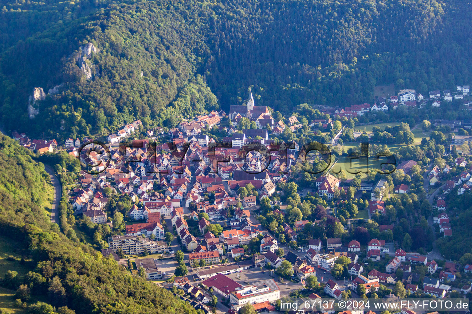 Aerial photograpy of Town View of the streets and houses of the residential areas in the district Gerhausen in Blaubeuren in the state Baden-Wurttemberg