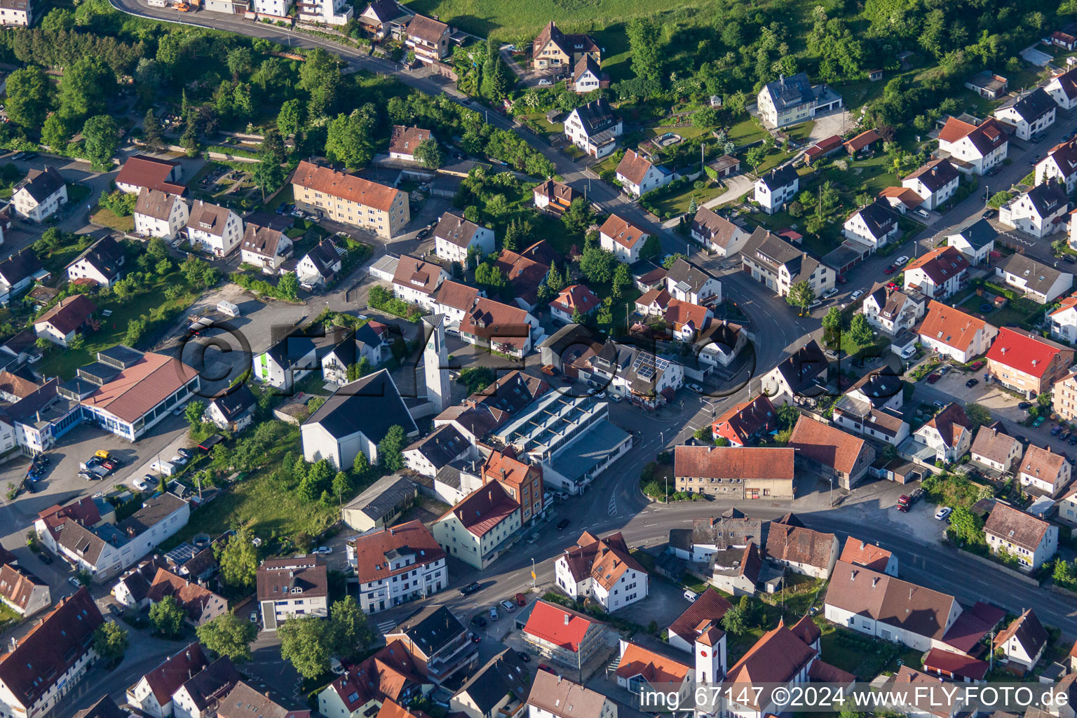 Aerial view of Main Street in the district Gerhausen in Blaubeuren in the state Baden-Wuerttemberg, Germany