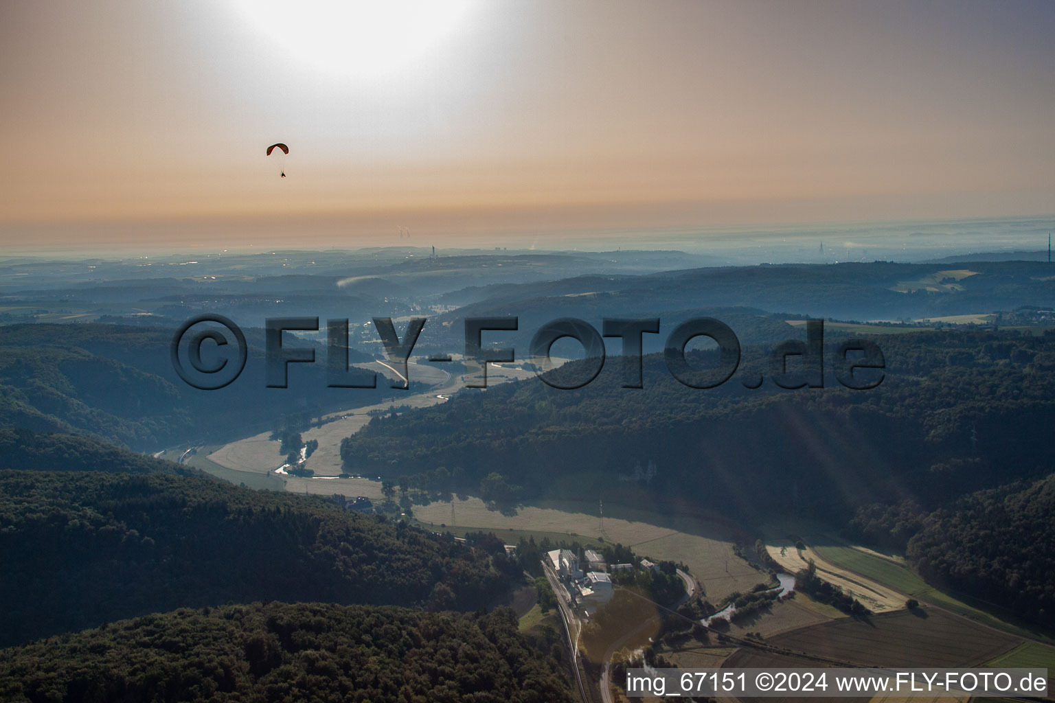 Sahara dust over the Valley of the Blue in the district Gerhausen in Blaubeuren in the state Baden-Wuerttemberg, Germany