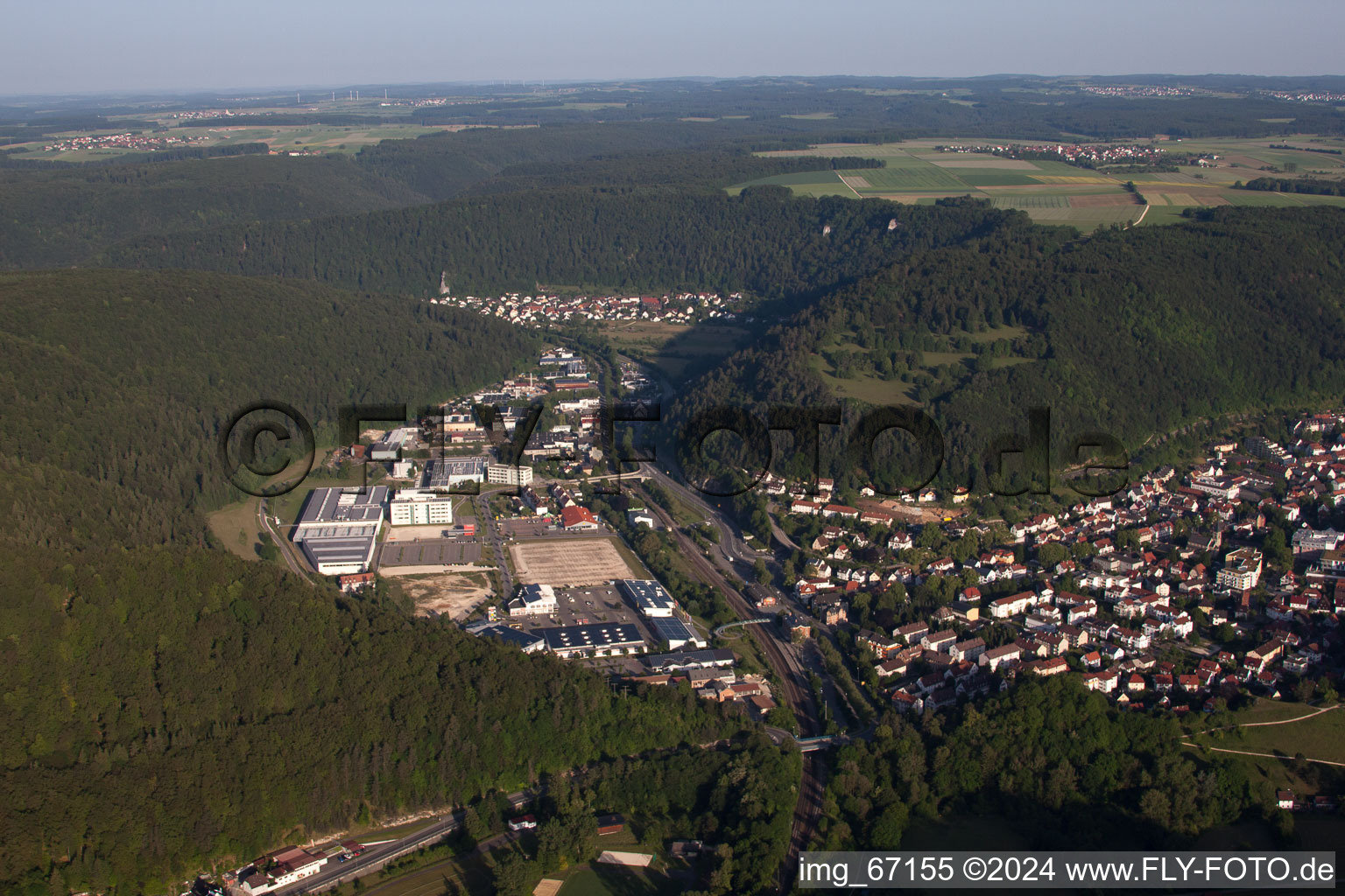 Town View of the streets and houses of the residential areas in the district Gerhausen in Blaubeuren in the state Baden-Wurttemberg from above