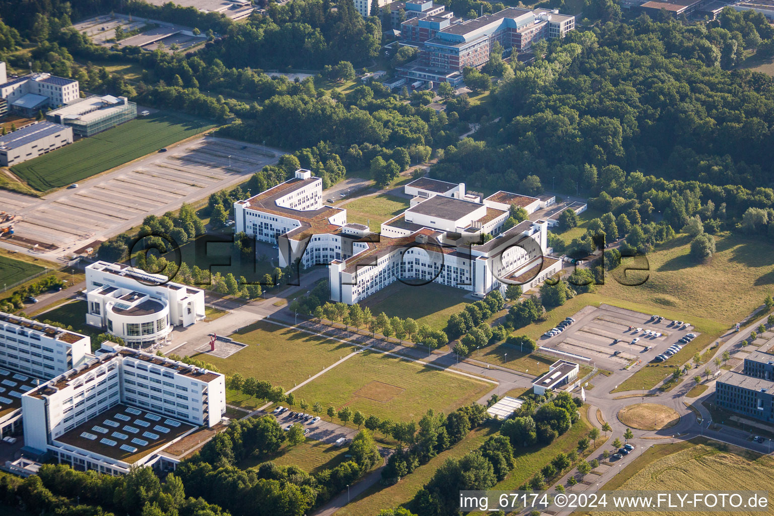 Aerial view of Building complex of the Institute Daimler TSS GmbH in Ulm in the state Baden-Wurttemberg, Germany