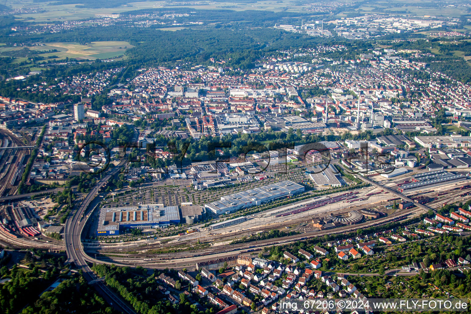 Building of the store - furniture market IKEA near freight railway station in Ulm in the state Baden-Wurttemberg, Germany