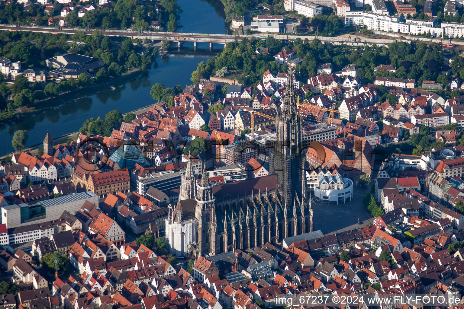 Aerial view of Church building of the cathedral of Ulmer Muenster on Muensterplatz in Ulm in the state Baden-Wurttemberg