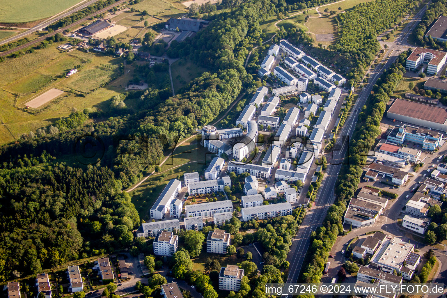 Aerial view of Residential area of the multi-family house settlement Eichberg in Ulm in the state Baden-Wurttemberg, Germany