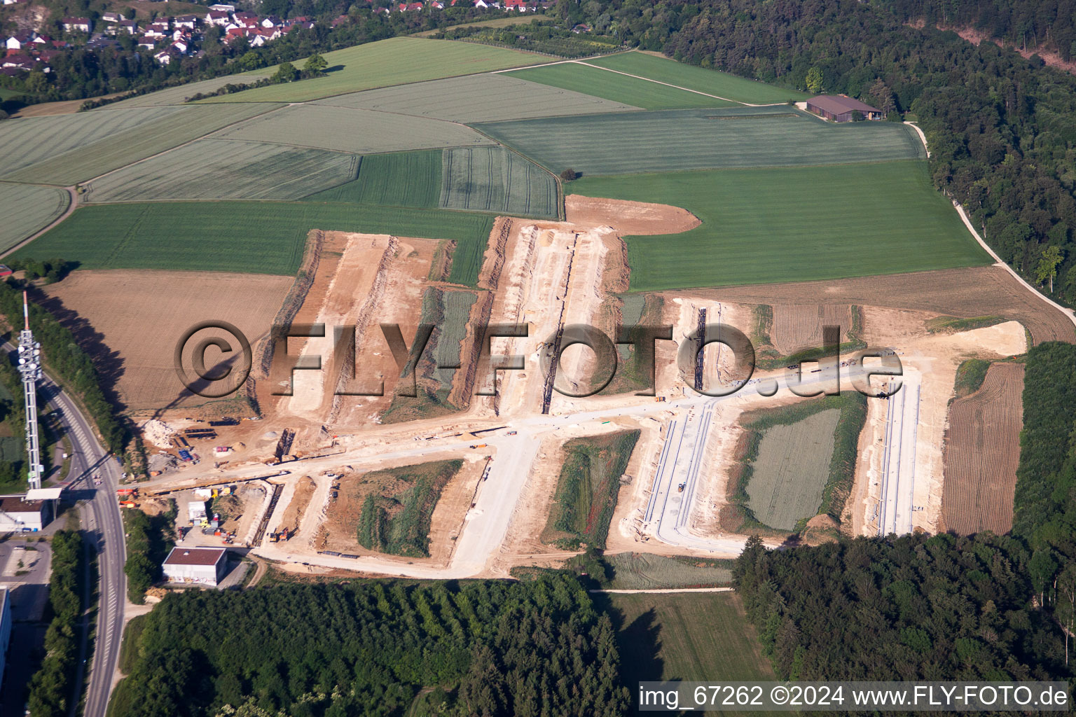Construction site with development works and embankments works for new settlement on Marie-Goeppert-Mayer Strasse in Ulm in the state Baden-Wurttemberg, Germany