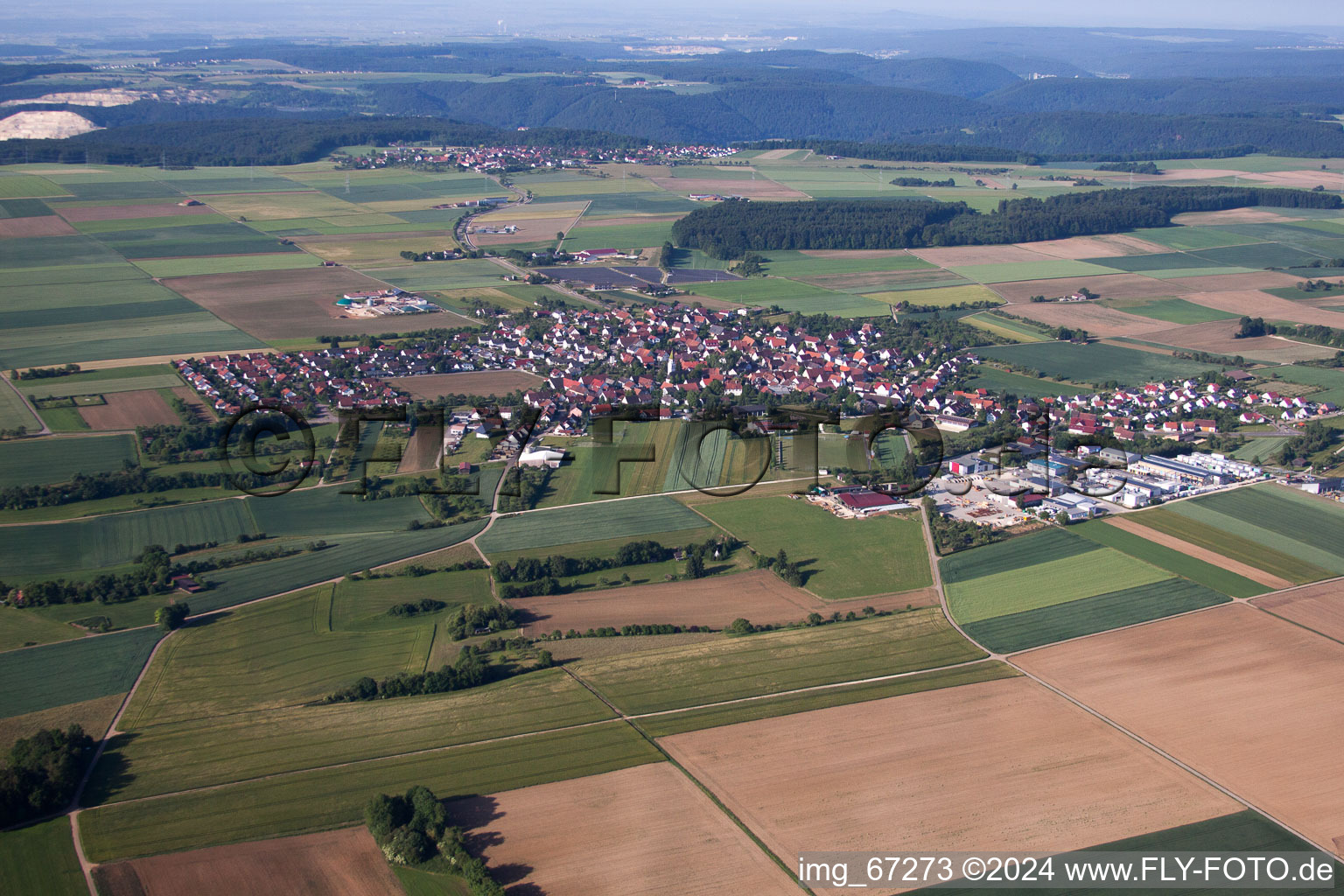 Aerial view of Town View of the streets and houses of the residential areas in the district Asch in Blaubeuren in the state Baden-Wurttemberg