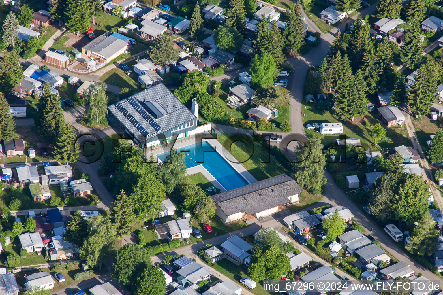 Aerial view of Camping with caravans and tents in Laichingen in the state Baden-Wurttemberg