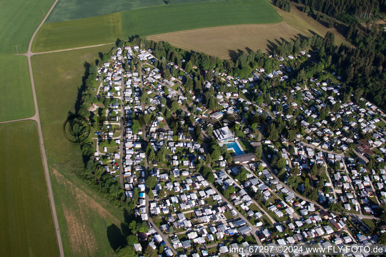 Aerial photograpy of Camping with caravans and tents in Laichingen in the state Baden-Wurttemberg