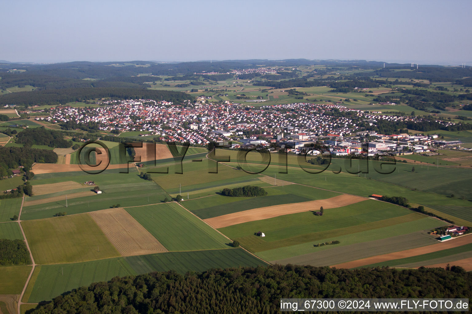 Village - view on the edge of agricultural fields and farmland in Laichingen in the state Baden-Wurttemberg, Germany