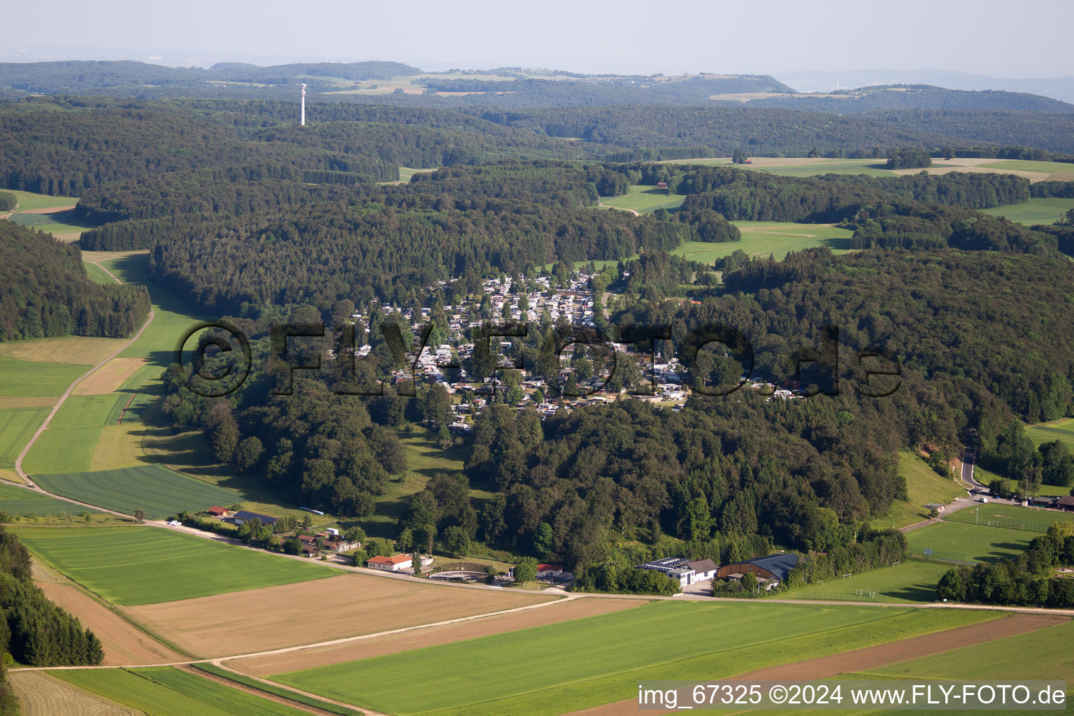 Aerial view of Alb-Camping in Westerheim in the state Baden-Wuerttemberg, Germany