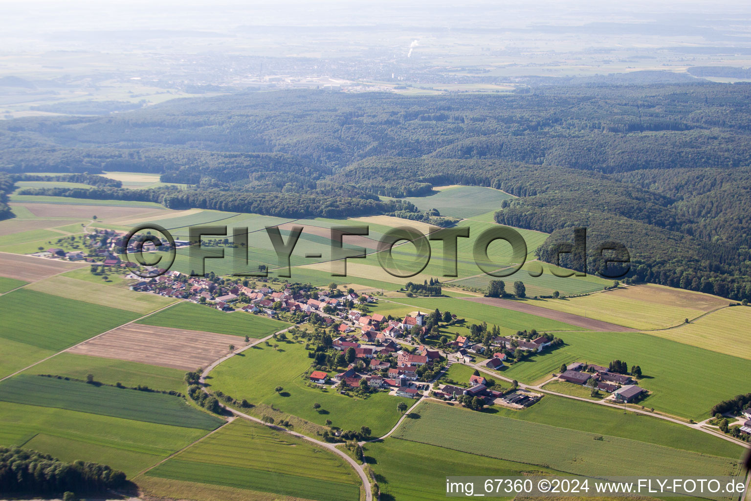 Village - view on the edge of agricultural fields and farmland in Allmendingen in the state Baden-Wurttemberg, Germany