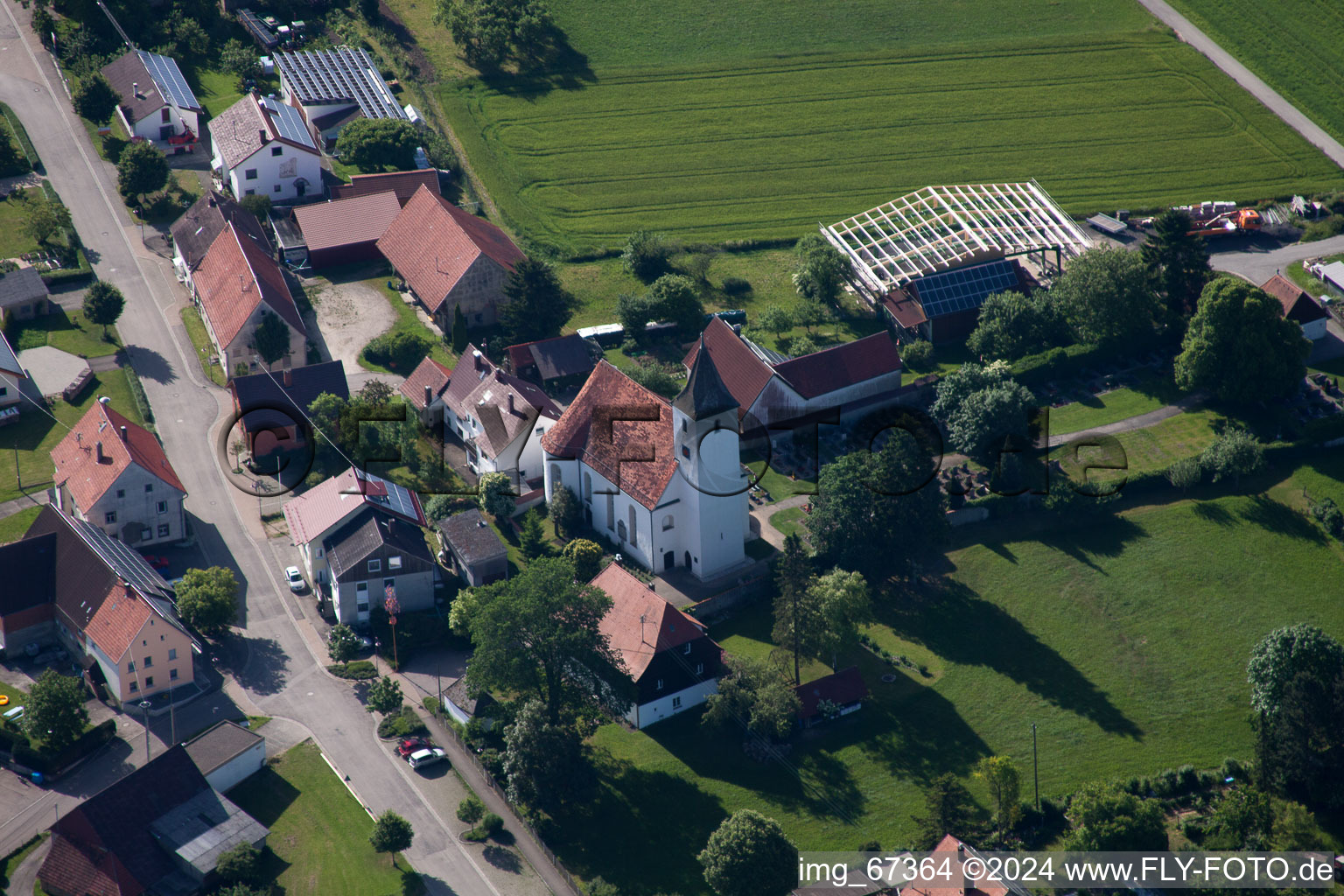 Aerial photograpy of Village - view on the edge of agricultural fields and farmland in Allmendingen in the state Baden-Wurttemberg, Germany