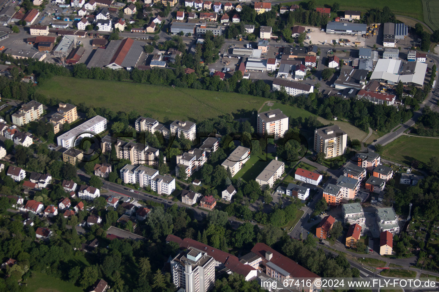 Town View of the streets and houses of the residential areas in Biberach an der Riss in the state Baden-Wurttemberg from above