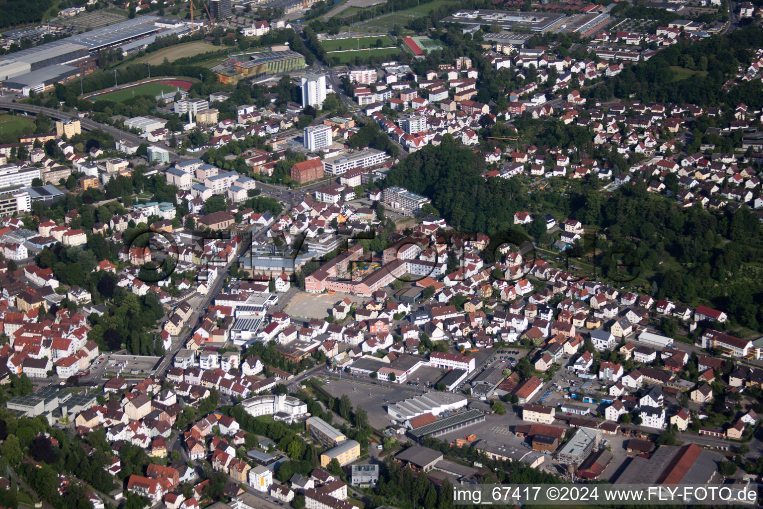 Town View of the streets and houses of the residential areas in Biberach an der Riss in the state Baden-Wurttemberg out of the air