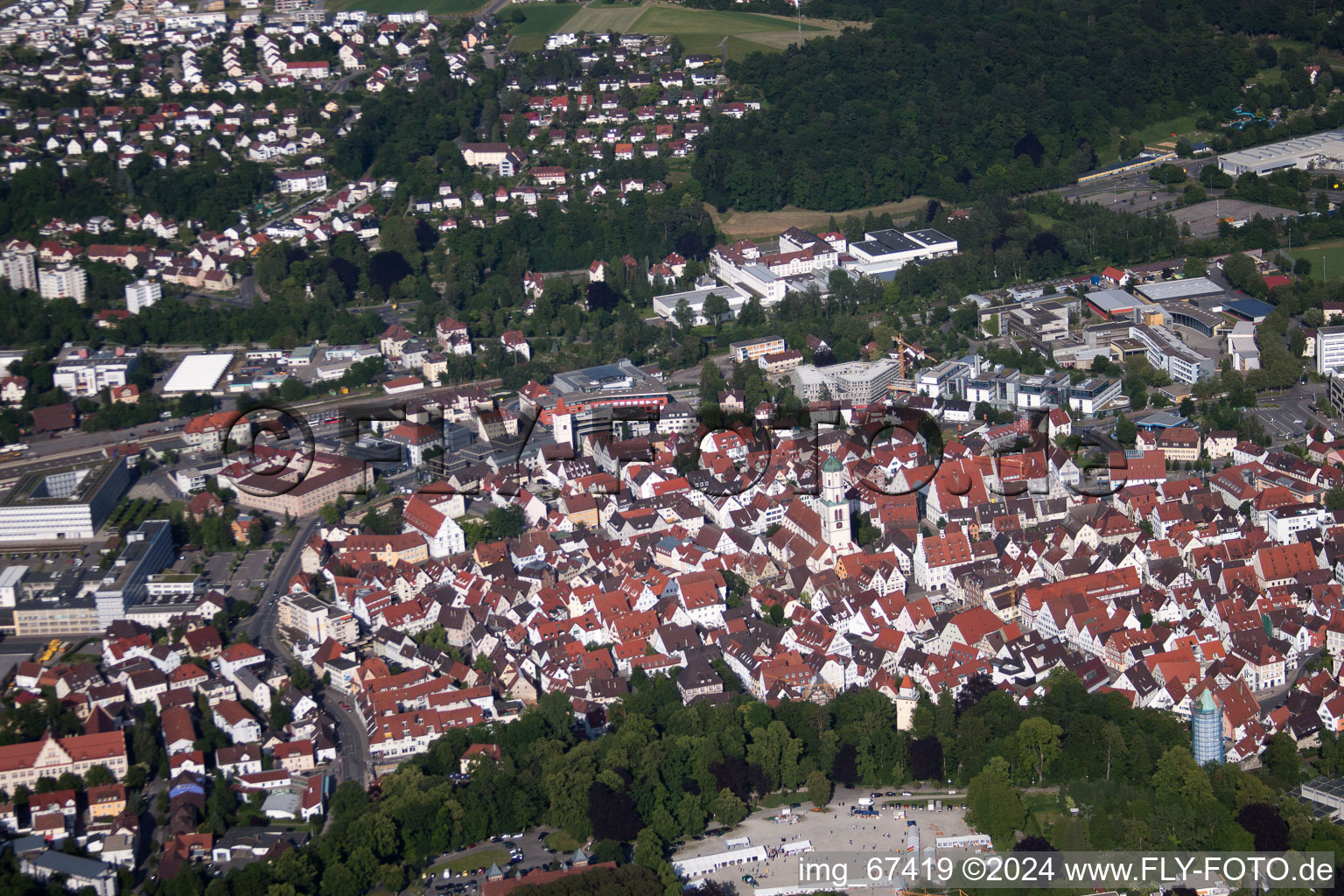 Town View of the streets and houses of the residential areas in Biberach an der Riss in the state Baden-Wurttemberg seen from above