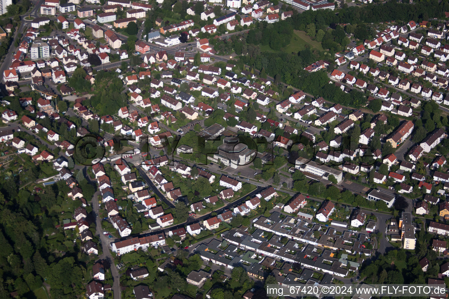 Town View of the streets and houses of the residential areas in Biberach an der Riss in the state Baden-Wurttemberg from the plane