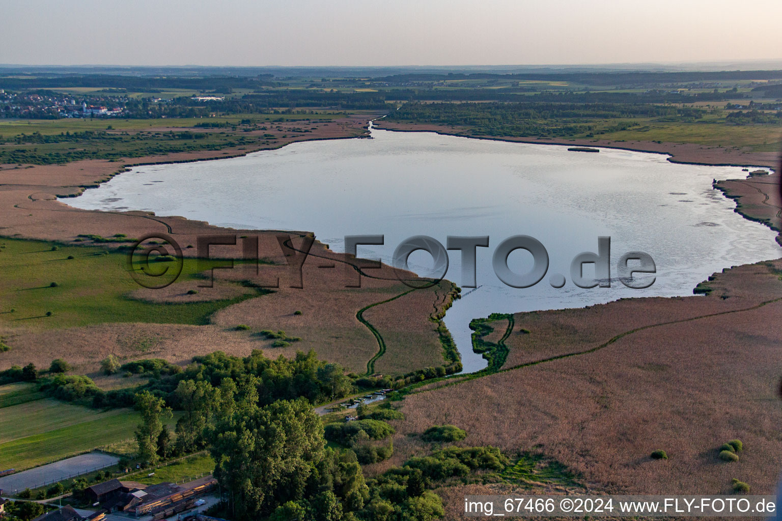 Federsee with stilt houses in Bad Buchau in the state Baden-Wuerttemberg, Germany