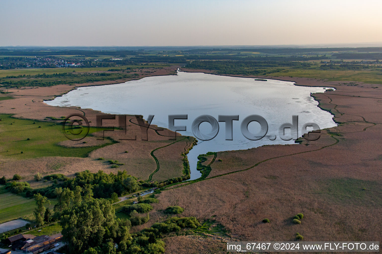 Aerial view of Federsee with stilt houses in Bad Buchau in the state Baden-Wuerttemberg, Germany