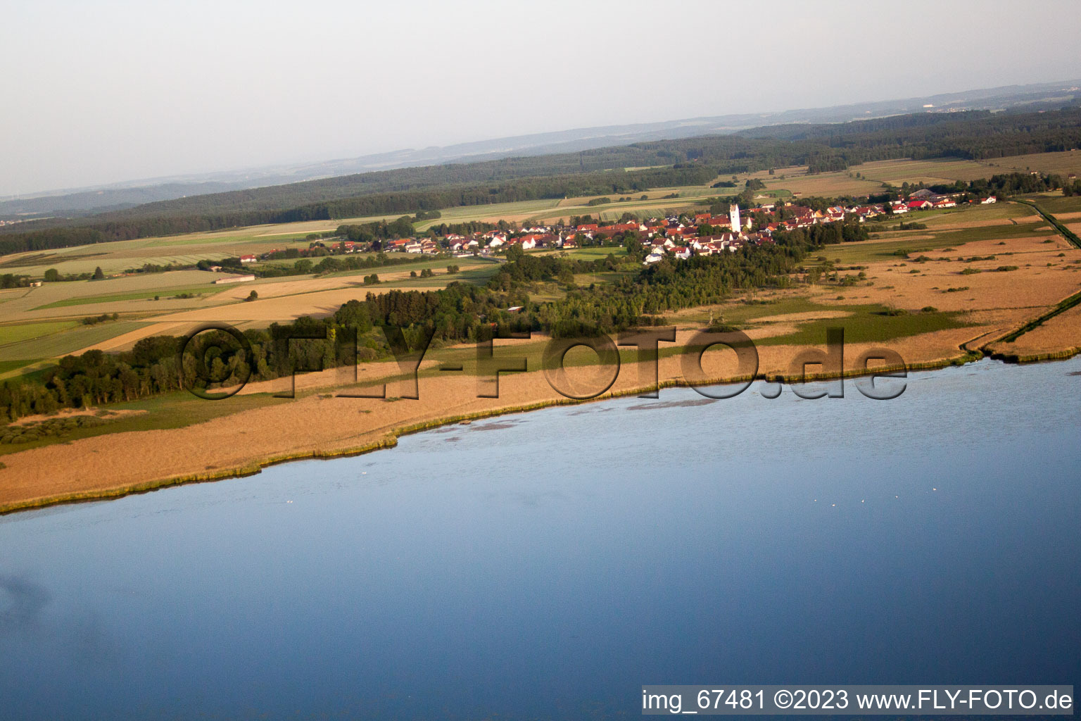 Federsee with pile dwellings in Tiefenbach in the state Baden-Wuerttemberg, Germany out of the air