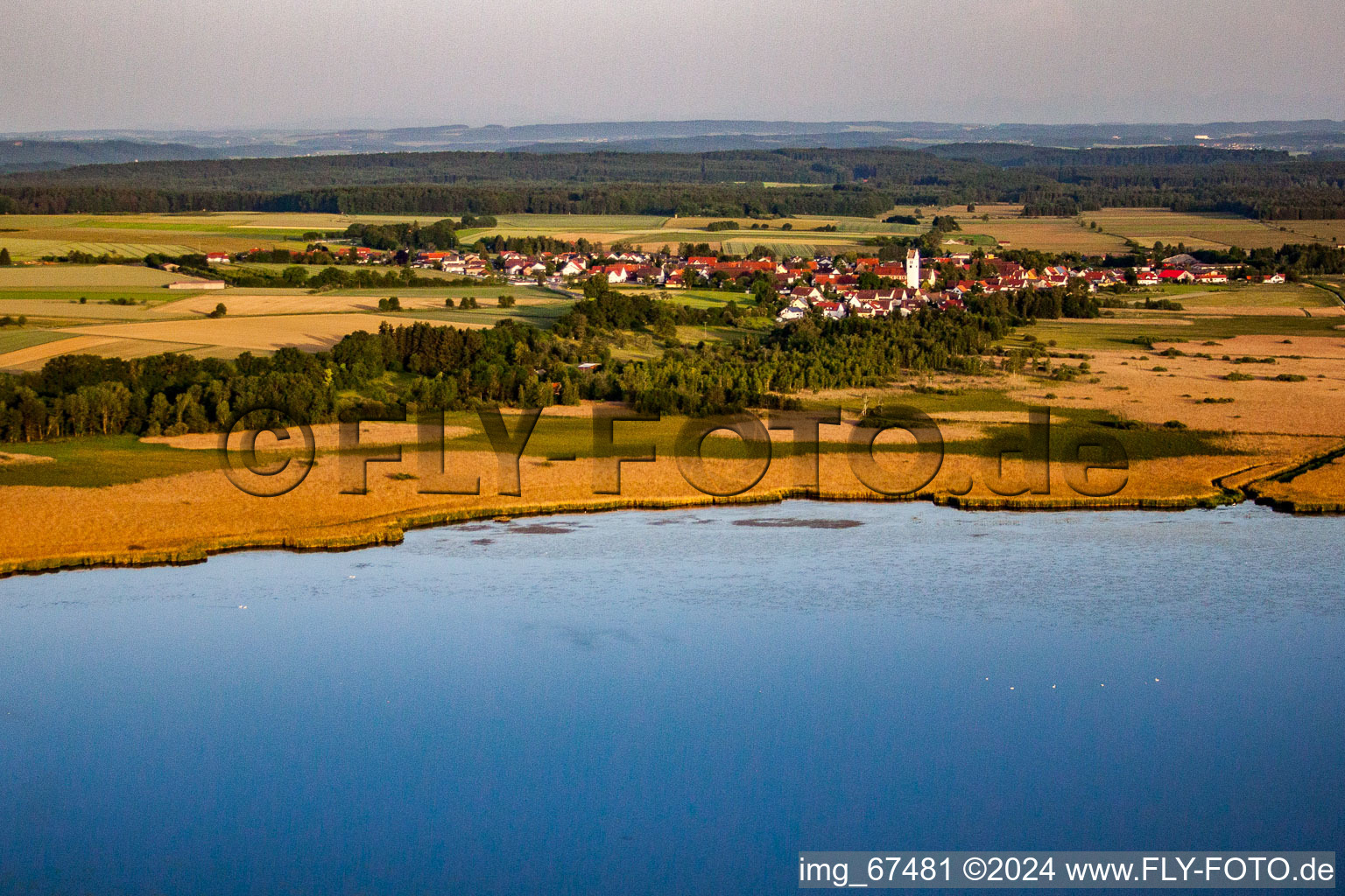 Federsee with pile dwellings in Tiefenbach in the state Baden-Wuerttemberg, Germany out of the air