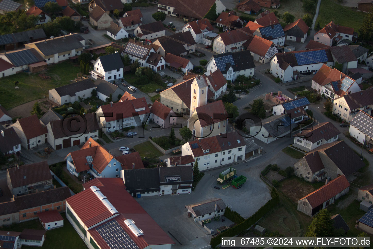 Aerial view of View of the streets and houses of the residential areas in Alleshausen in the state Baden-Wuerttemberg, Germany