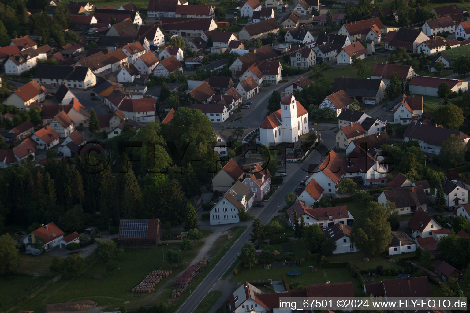 Aerial view of Church building in the village of in the district Kappel in Betzenweiler in the state Baden-Wurttemberg