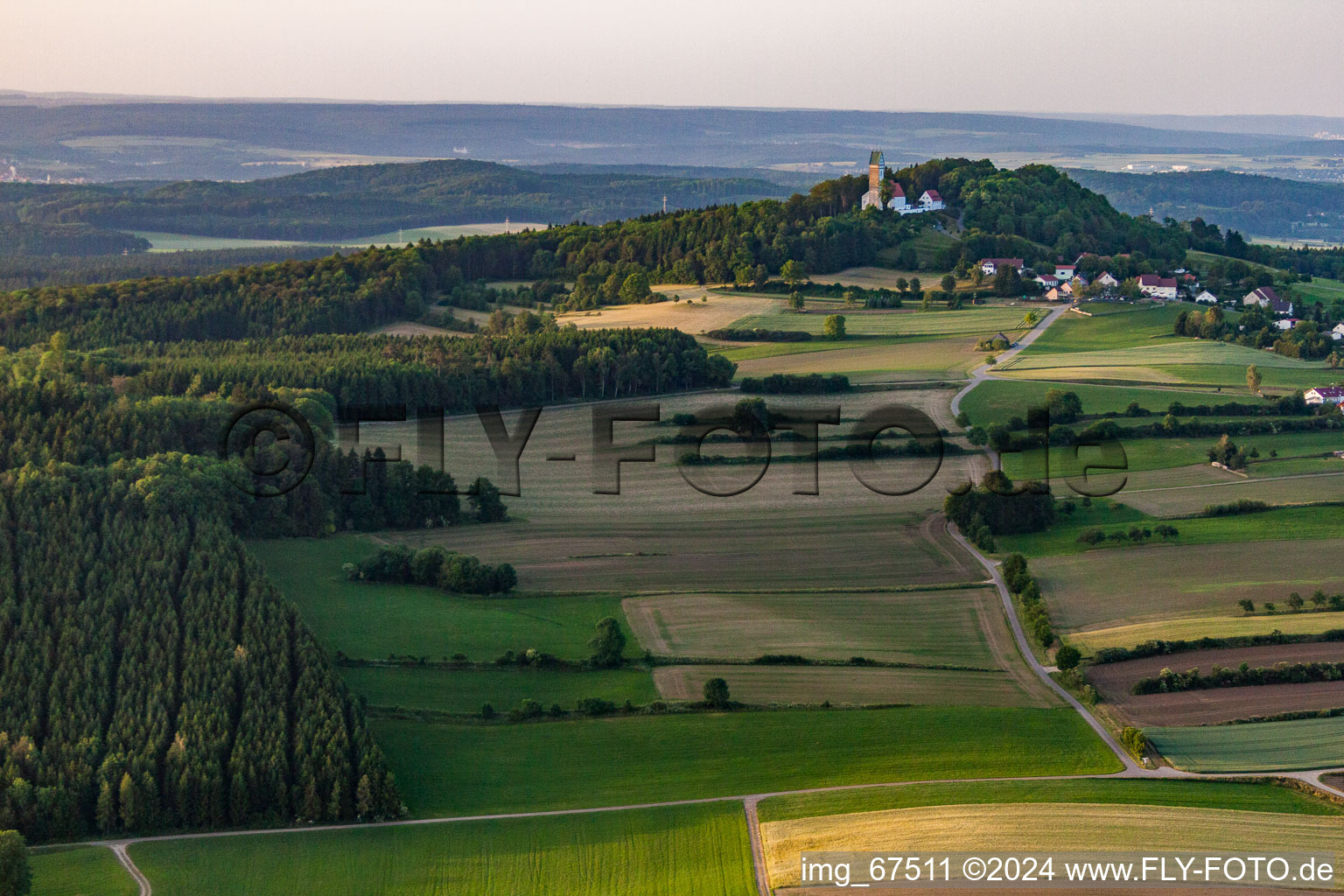 Aerial view of The Bussen - holy mountain of Upper Swabia in the district Offingen in Uttenweiler in the state Baden-Wuerttemberg, Germany