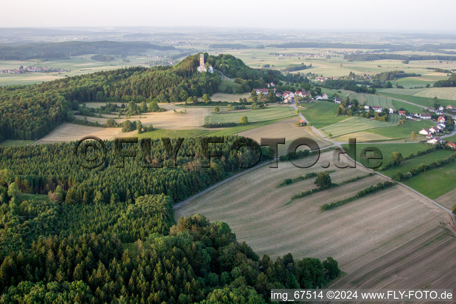 Aerial photograpy of Mountain Bussen with Pilgrimage church in the district Offingen in Uttenweiler in the state Baden-Wurttemberg, Germany