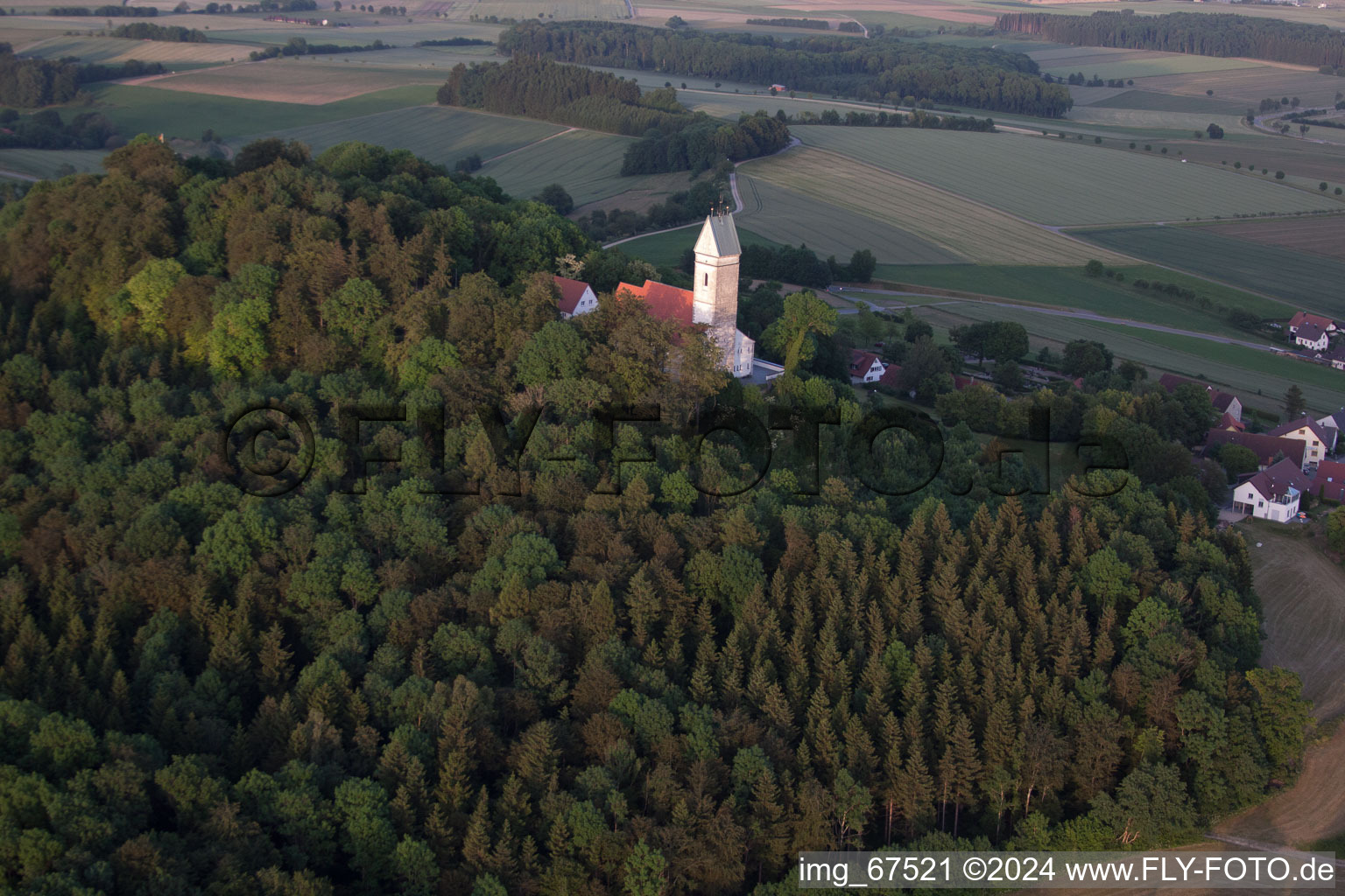 Aerial view of Bussen, the highest mountain in Swabia and a place of pilgrimage in Uttenweiler in the state Baden-Wuerttemberg, Germany