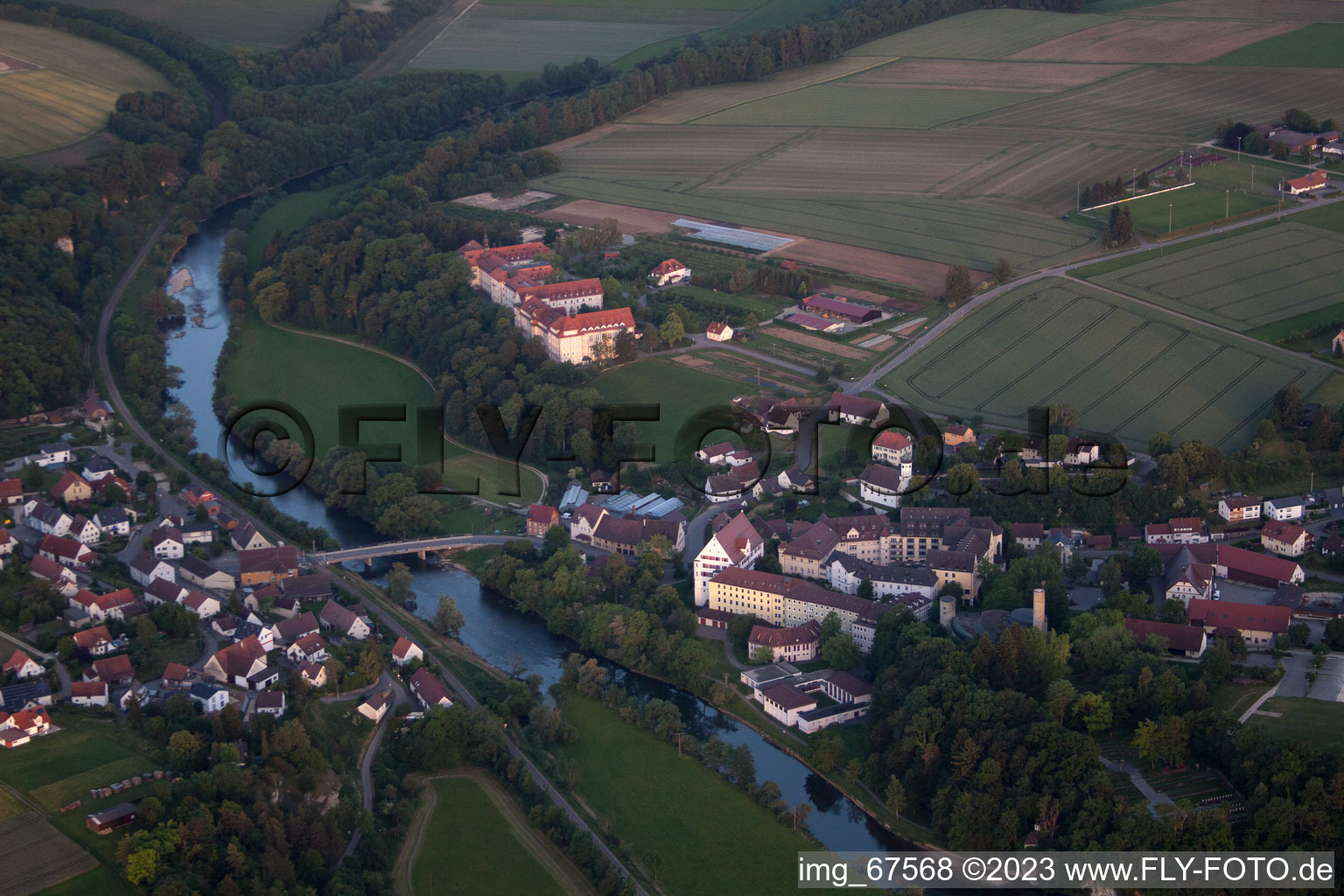 Aerial view of Complex of buildings of the monastery Untermarchtal at the river Danube in Untermarchtal in the state Baden-Wurttemberg, Germany