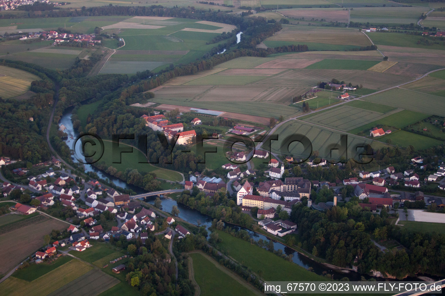 Aerial photograpy of Complex of buildings of the monastery Untermarchtal at the river Danube in Untermarchtal in the state Baden-Wurttemberg, Germany