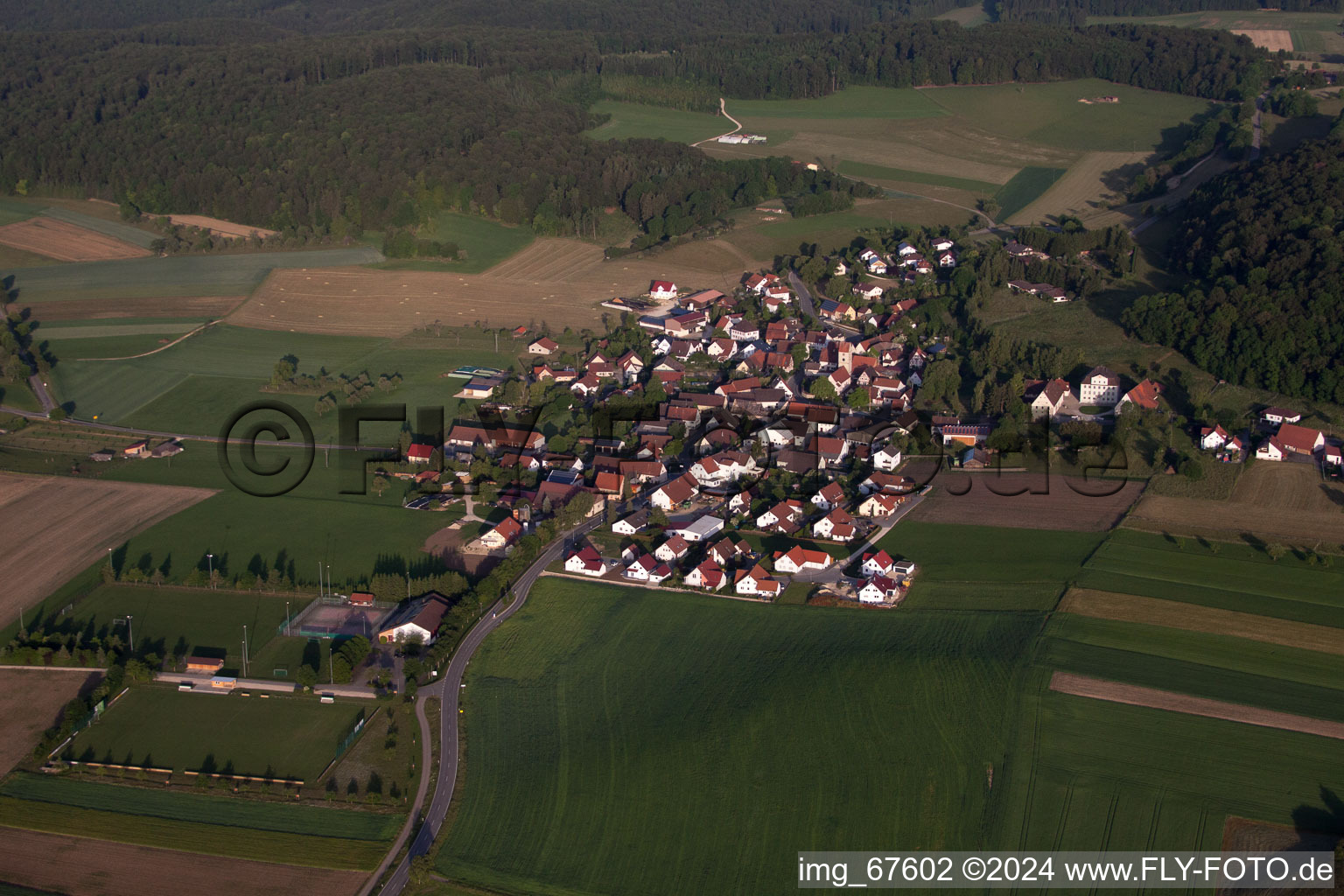 Village - view on the edge of agricultural fields and farmland in Ehingen (Donau) in the state Baden-Wurttemberg, Germany